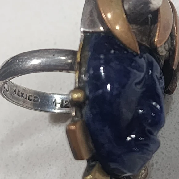 Taxco Blue Lapis Face Ring Sz 7.5 950 Silver Mixed Metal Accents Handmade Artist - Picture 9 of 12